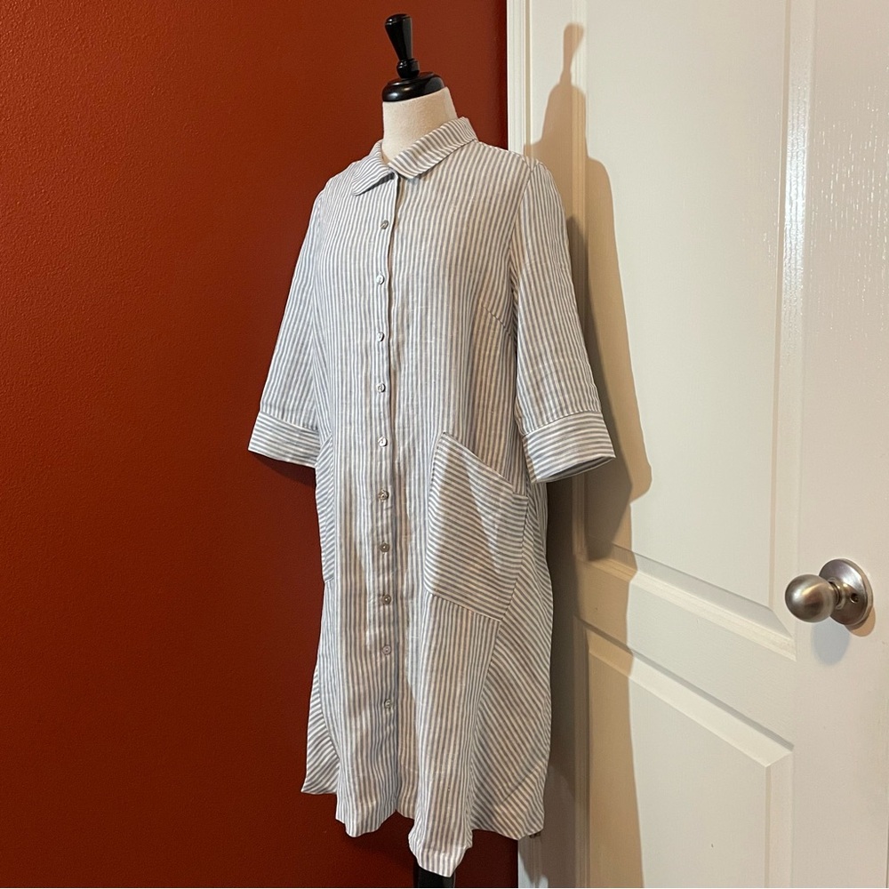 Lintico Women’s Blue & White Striped 100% Linen Button Down Midi Shirt Dress